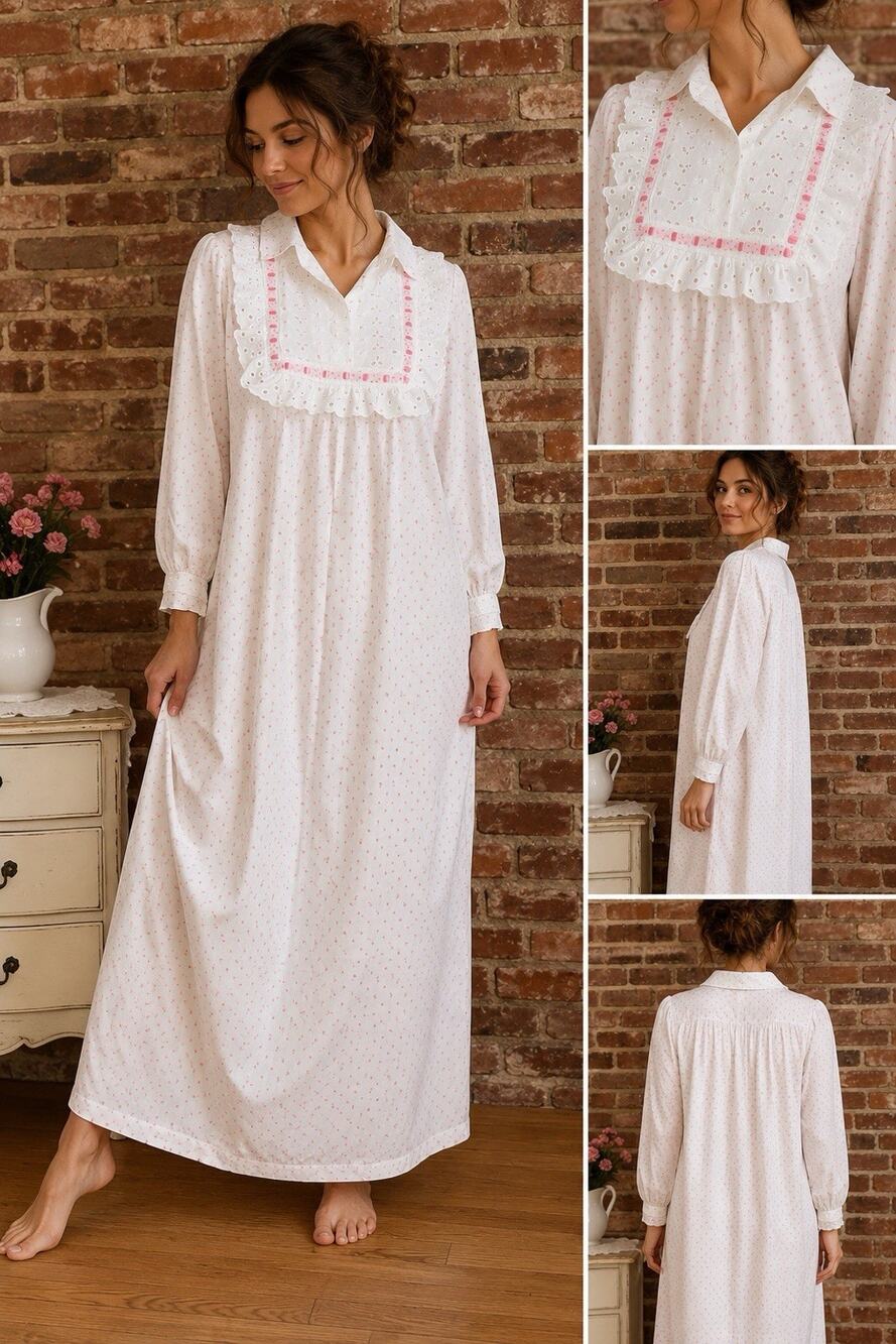 Saramal Lingerie Vintage Eyelet Rosebud Maxi Nightgown Pink Ribbon 1960's Sz S/M